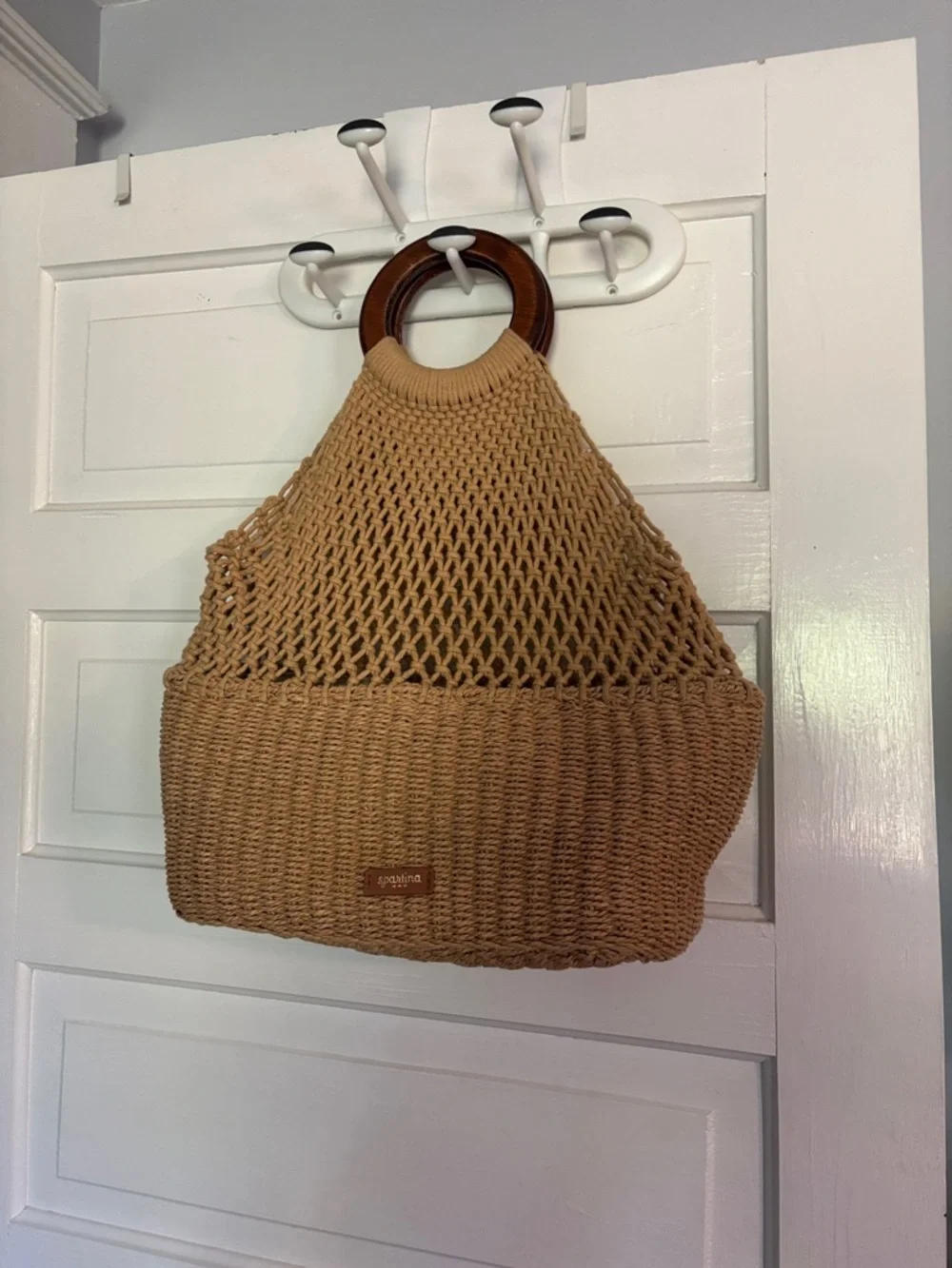 Woven Tan Tote Bag with Wooden Handles - Women Bags